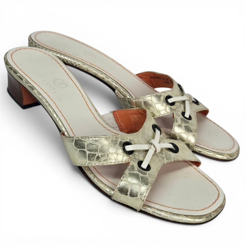 Cole Haan Vintage Gold Sandals Slide Mules Size 6B Metallic Embossed Croc Y2K